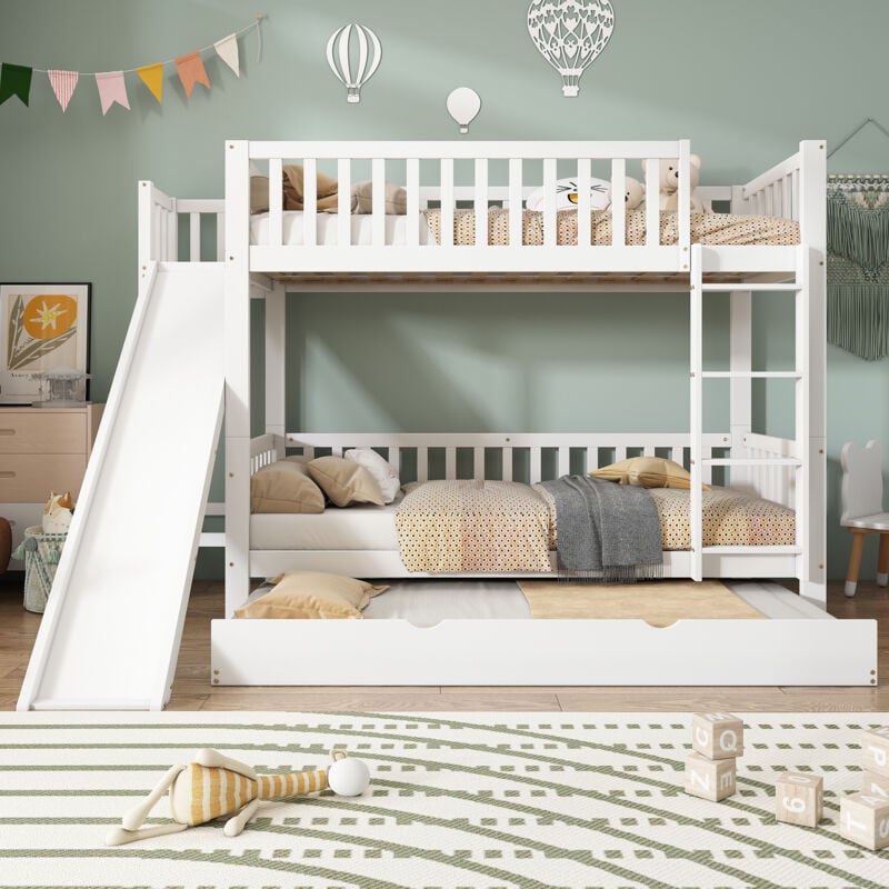Hauss Spole - Lit superposé 90x200cm avec lit gigogne, lit enfant avec toboggan, bois + mdf, blanc, sans matelas