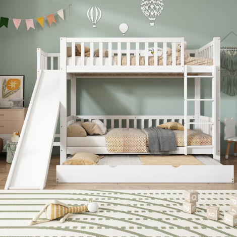 Lit superposé 90x200cm avec lit gigogne, lit enfant avec toboggan, bois + MDF, blanc, sans matelas
