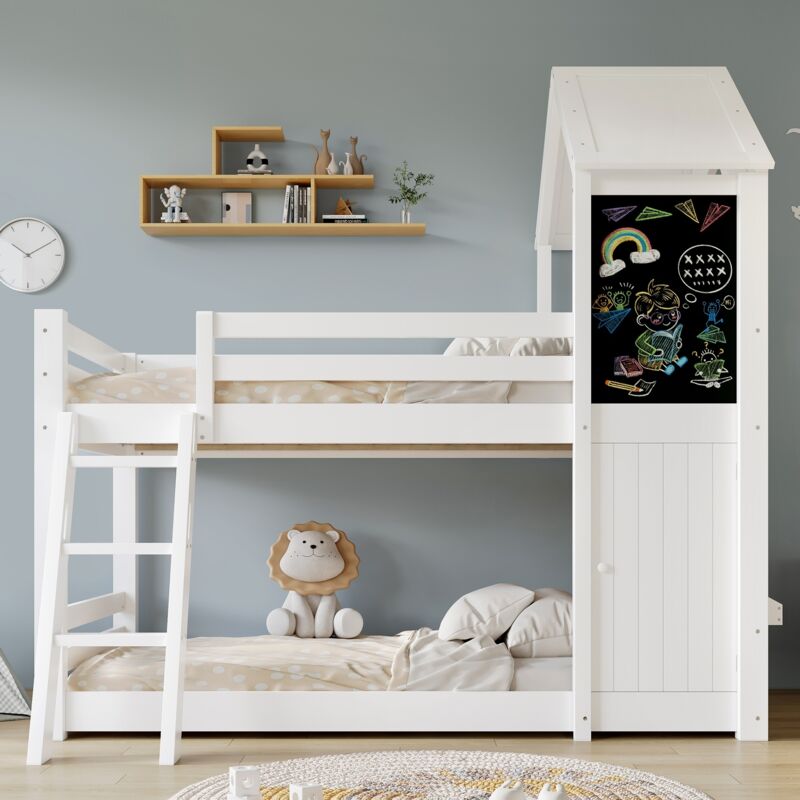 Lit superposé 90x200cm - avec petite porte et tableau noir, jolies fenêtres et toit, échelle, sommier - pin + MDF - blanc