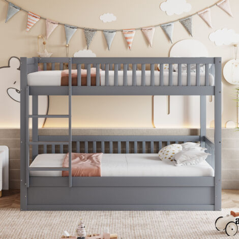 Lit Superposé 90x200cm - Avec Rangement Hydraulique Intégré - Pour Enfant, Chambre - Gris