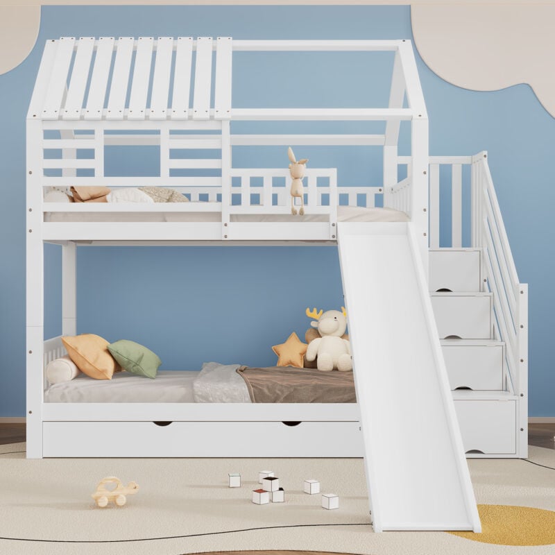 Hauss Spole - Lit superposé 90x200cm avec tiroirs, lit enfant avec toboggan, rangement dans l'escalier, pin + mdf, blanc, sans matelas-B