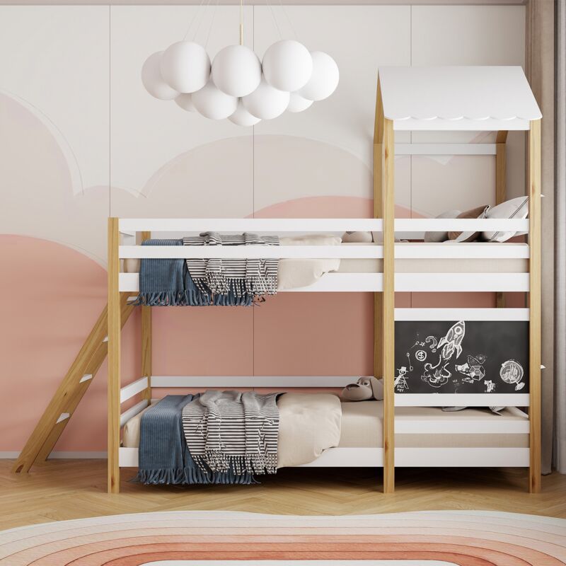 Lit superposé 90x200cm - cadre de lit en bois massif, avec barrière de sécurité, escalier et tableau noir, sommier à lattes, lit style cabane pour
