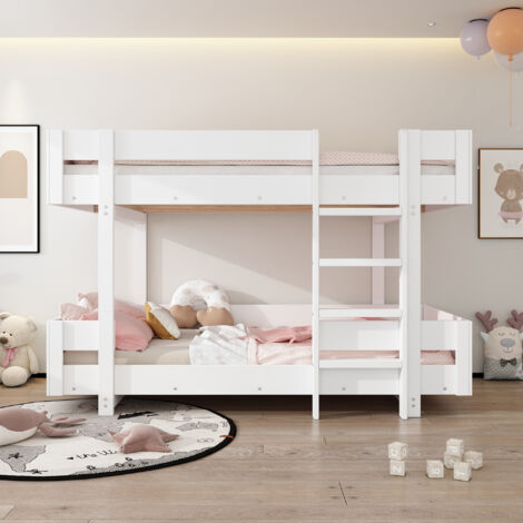 Lit Superposé 90x200cm - Design Gain de Place - Avec Échelle Sécurisée - Structure Renforcée - Barrière de Protection - Blanc