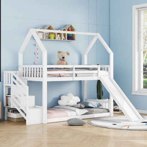 Lit superposé 90x200cm en bois - avec barrières + escalier de rangement + toboggan - Blanc
