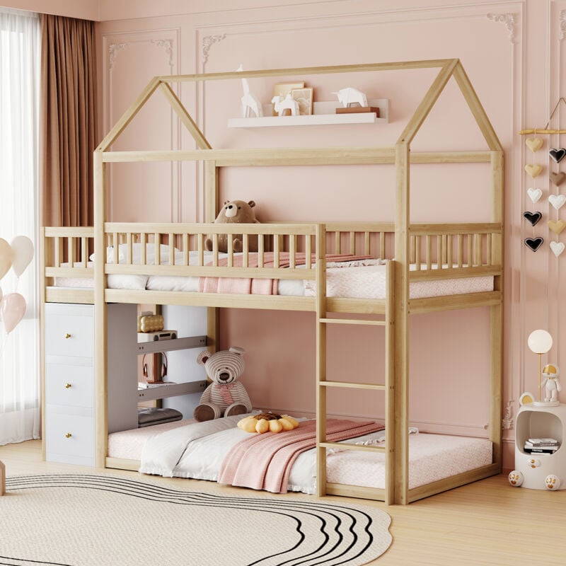 Modfu - Lit superposé 90x200cm, en bois, avec rangements et étagères, sans matelas, lit enfant, naturelle