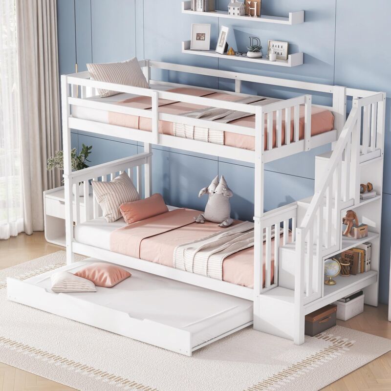 Tanant - Lit superposé 90x200cm, escalier avec rangement, équipé d'un lit gigogne gigogne, garde-corps hauts, cadre à lattes, certifié EN747-1, blanc