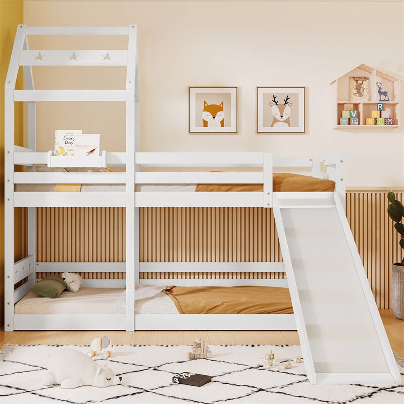 Lit superposé 90x200cm, lit cabane d'enfant avec toboggan et échelle, sommier à lattes inclus, antichutes, lit surélevé blanc
