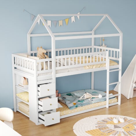 FORTUNA LAI Lit superposé 90x200cm - lit cabane enfant avec 1x sommier à lattes, échelle et étagères de rangements - en bois massif, blanc