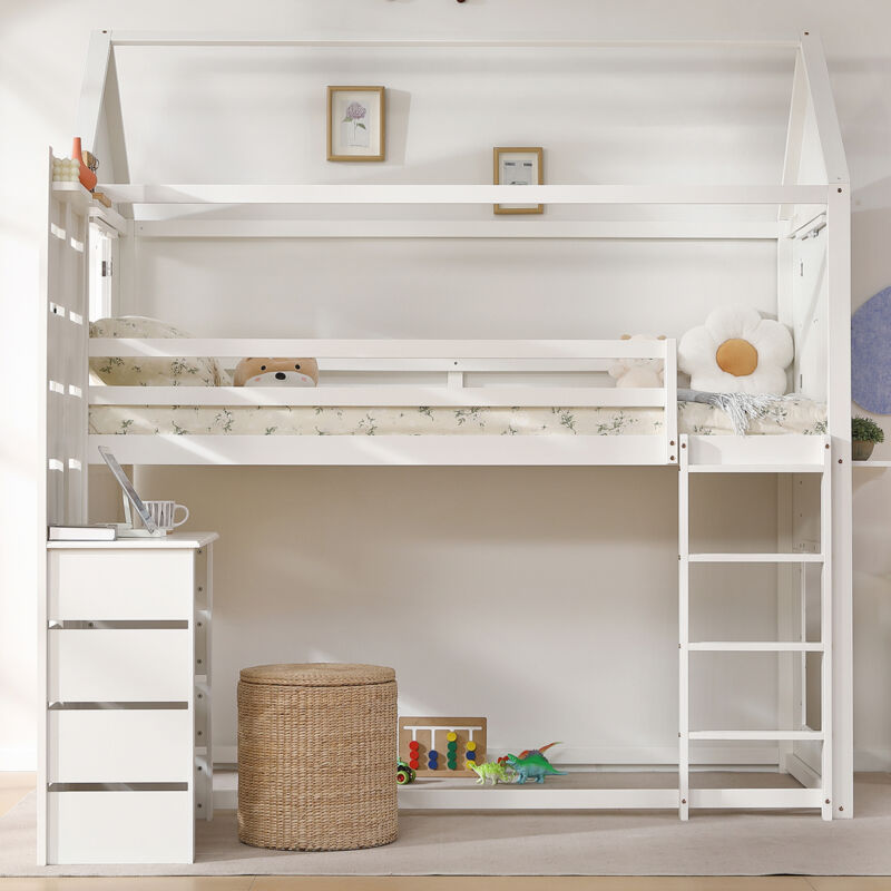 Fortuna Lai - Lit superposé 90x200cm - lit cabane enfant avec 1x sommier à lattes et table, étagère ouverte, 2 fenêtres - pin+MDF, blanc