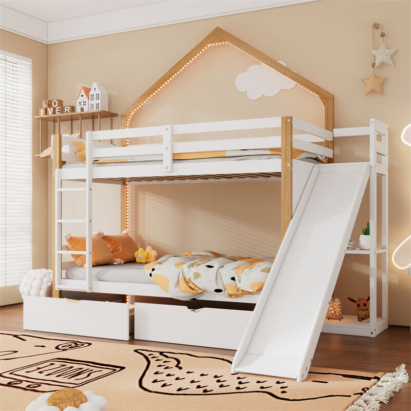 Fortuna Lai - Lit superposé 90x200cm, lit cabane enfant avec bande led, sommier à lattes, écehlles, toboggan, étagère et 2 tiroirs, pin+MDF,