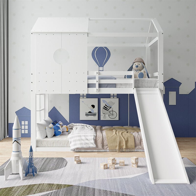 Fortuna Lai - Lit superposé 90x200cm, lit cabane enfant avec échelle et toboggan, antichute, Pin + mdf, blanc