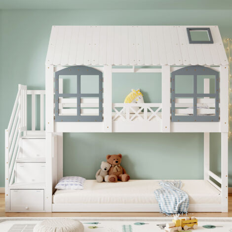 Lit superposé 90x200cm - lit cabane enfant avec toit et fenêtre, grille antichute, 3 escaliers de casiers - pin + MDF, blanc + gris