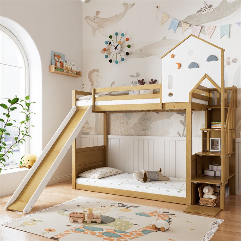 Fortuna Lai - Lit superposé 90x200cm - lit cabane enfant avec toit, fenêtre, 3 casiers dans l'escalier, toboggan, pin+MDF, blanc+naturel