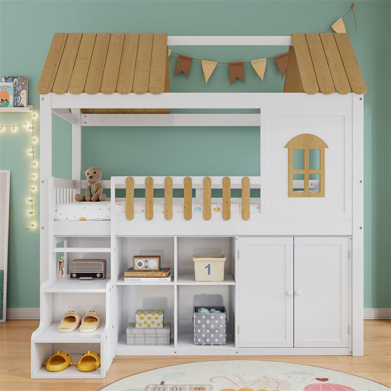 Fortuna Lai - Lit superposé 90x200cm, lit cabane enfant en bois avec fenêtre, armoires, escaliers de rangement, balustrade, blanc + naturel