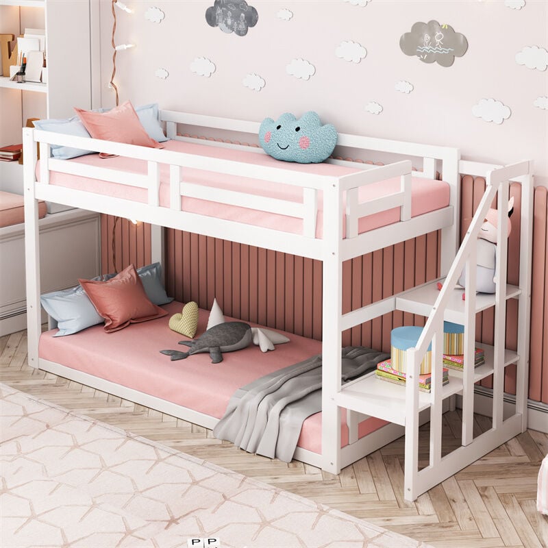 Lit superposé 90x200cm - lit d'enfant avec escalier de sécurité, cadre de lit en bois massif et sommier à lattes - blanc