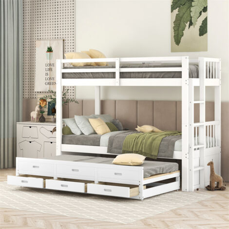 Lit superposé 90x200cm - Lit d'Enfant Cadre de Lit en Pin et MDF avec échelle Échelle - Lit Extensible + 3 Tiroirs Blanc