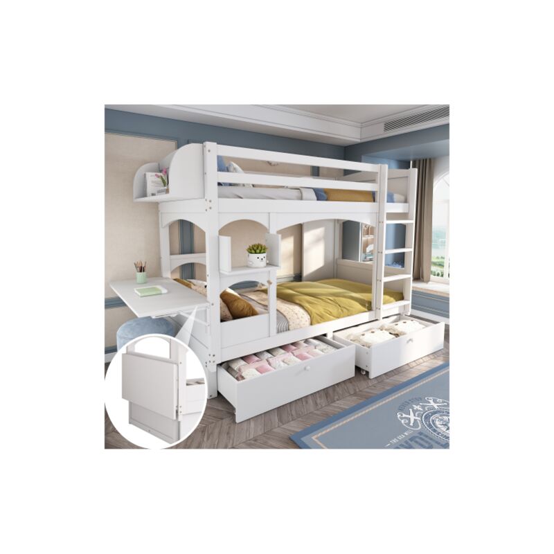 Wishdor - Lit superposé 90x200cm, lit double avec bureau rabattable et étagère, échelle et 2 tiroirs, sans matelas, sommier à lattes en bois massif,