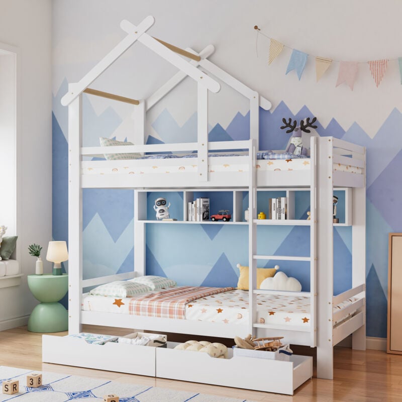 Modfu - Lit superposé 90x200cm Lit double pour enfants avec tiroirs et rangements, pin + mdf, sans matelas, blanc