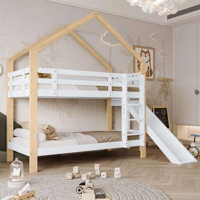 Modfu - Lit superposé 90x200cm Lit doubles pour enfants avec toboggan, bois et mdf, sans matelas, blanc, sans tiroir