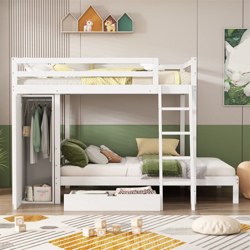 Lit superposé 90x200cm, lit en bois avec armoire, avec tiroir, lit d'enfant antichutes et barrière, cadre en pin, blanc