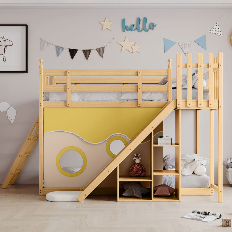 Lit superposé enfant 90x200 cm - lit mezzanine avec toboggan et escalier, rideau de lit, lit enfant avec protection antichute et grille, structure en