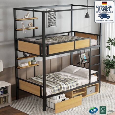 Lit superposé 90x200cm - lit en fer - industriel - Étagère de rangement double à côté du lit - Avec tiroir de rangement -Le rideau de lit peut être fixé à la couchette supérieure - Noir + Couleur Natu