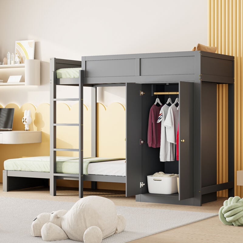 Fortuna Lai - Lit superposé 90x200cm - Lit enfant 2 places avec escaliers, armoire, clôture haute, sommier à lattes - Gris