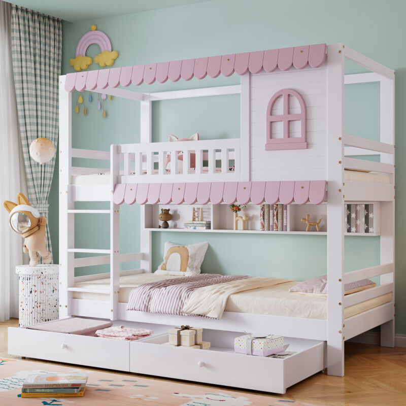 Fortuna Lai - Lit superposé 90x200cm - lit enfant 2 places avec étagère ouverte, avant-toit rose et fenêtre, 2 tiroirs - pin+MDF, blanc+rose