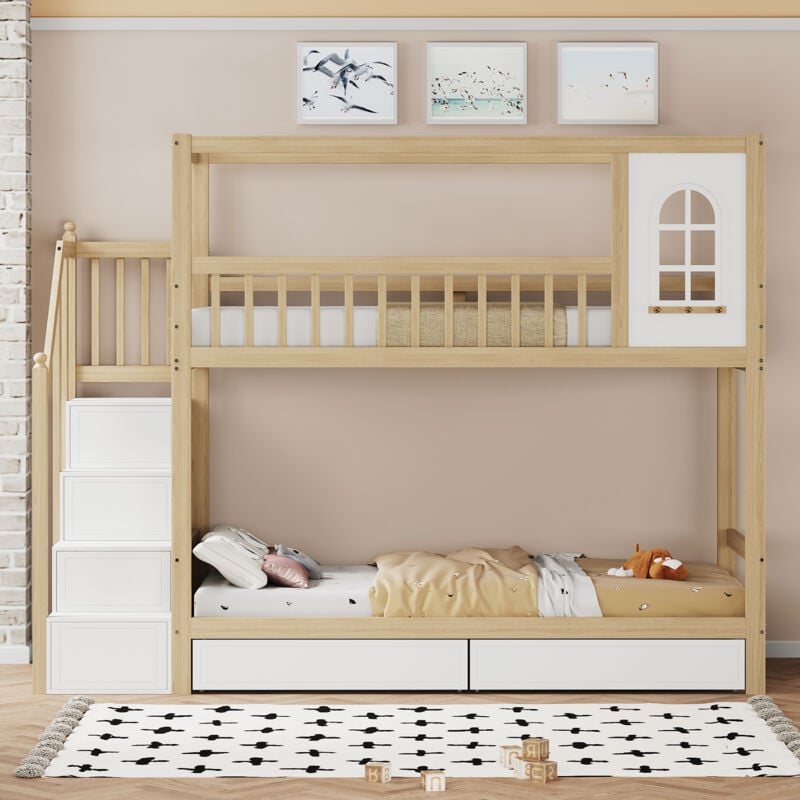 Fortuna Lai - Lit superposé 90x200cm - lit enfant 2 places en bois massif avec fenêtres, 2 tiroirs et escaliers de rangements - naturel