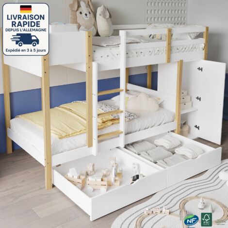 Lit superposé 90x200cm, lit enfant 2 tiroirs, pin + MDF, avec meuble de rangement, lit double, blanc, sans matelas