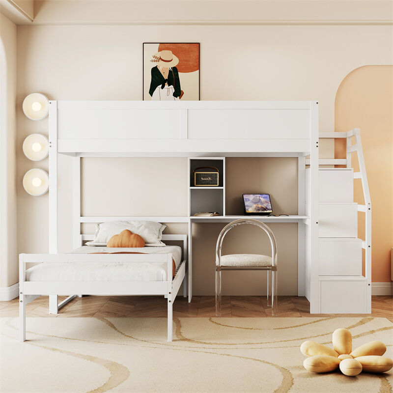 Lit superposé 90x200cm - lit enfant avec 2x sommier à lattes, escalier avec rangement, petie bureau - lit en pin Blanc