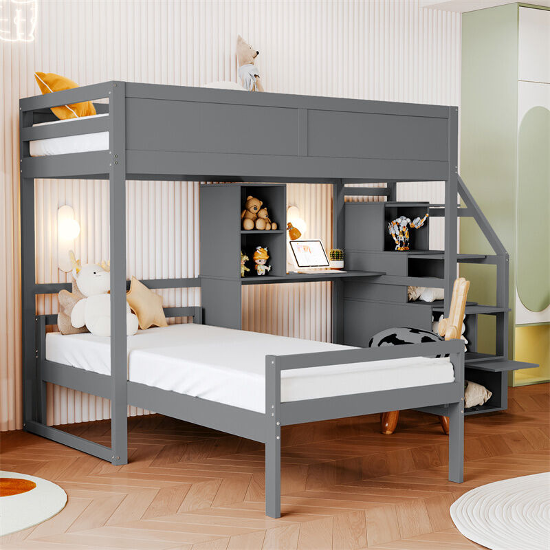 Fortuna Lai - Lit superposé 90x200cm - lit enfant avec 2x sommier à lattes, escalier avec rangement, petie bureau - lit en pin Gris