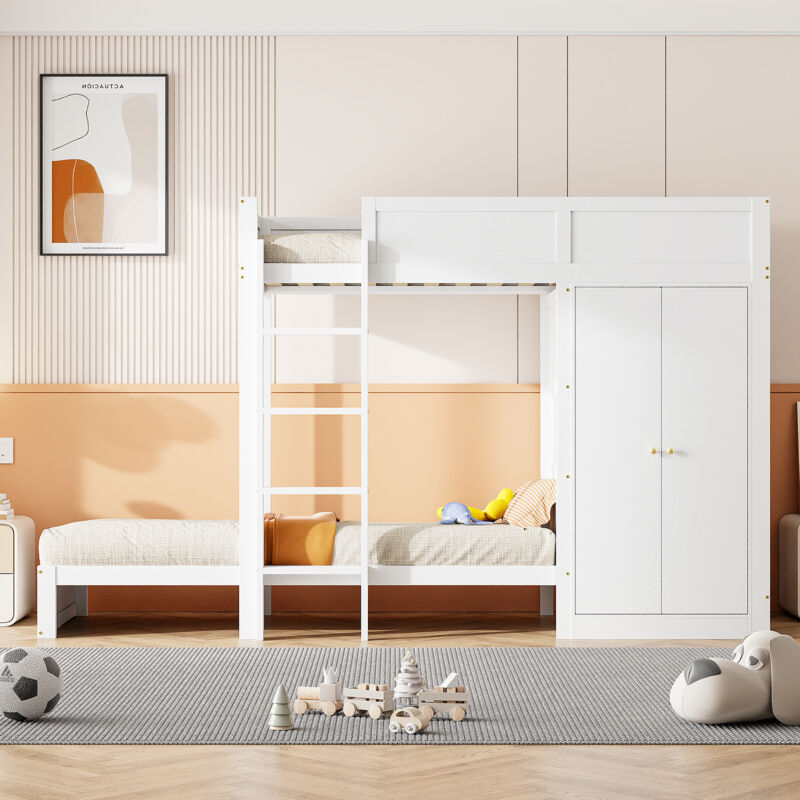 Hauss Spole - Lit superposé 90x200cm, lit enfant avec armoire, barrière de sécurité haute, lit ado, blanc