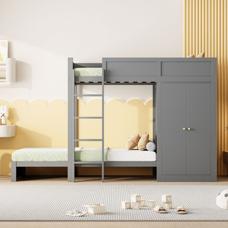 Hauss Spole - Lit superposé 90x200cm, lit enfant avec armoire, barrière de sécurité haute, lit ado, gris