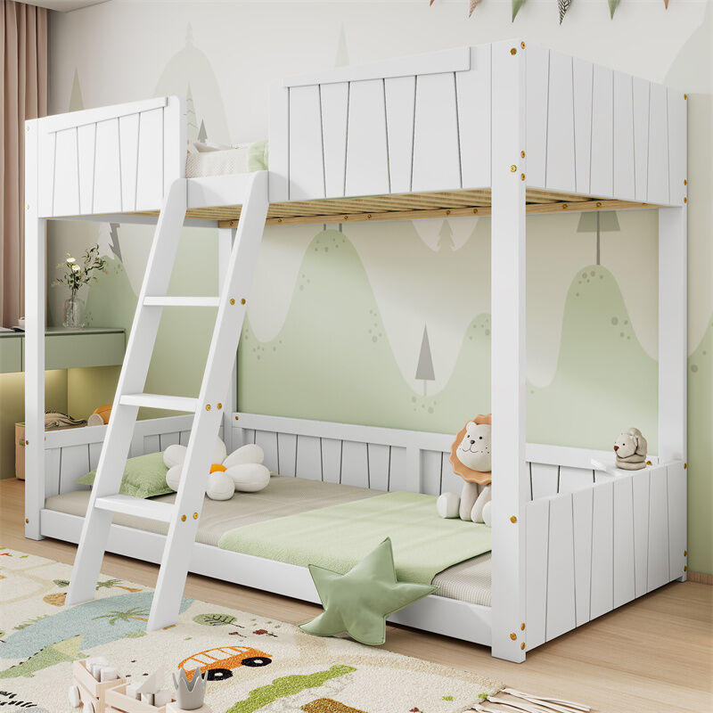 Lit superposé 90x200cm - lit enfant avec échelle, 2x sommiers à lattes,clôture de sécurité - pin + MDF - blanc