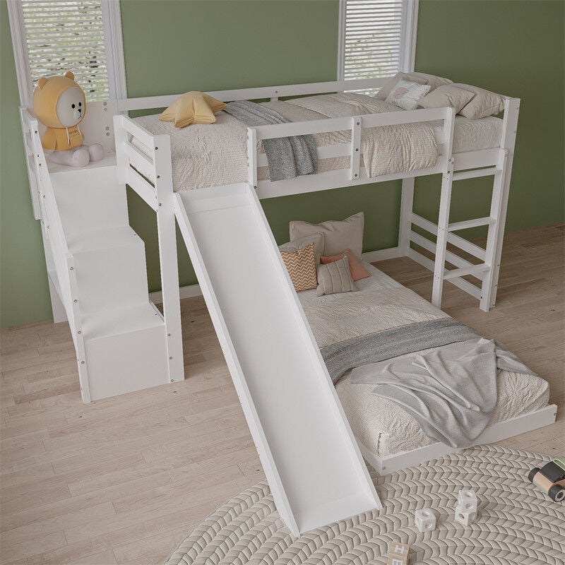Fortuna Lai - Lit superposé 90x200cm, lit enfant avec échelle, escalier et toboggan, structure en pin massif, blanc