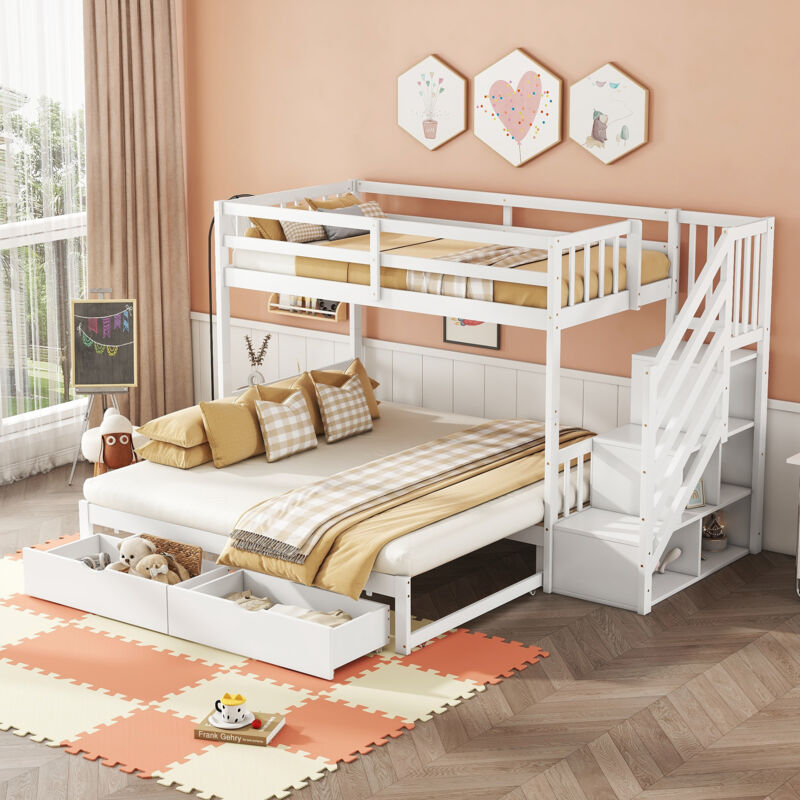 Fortuna Lai - Lit superposé 90x200cm - lit enfant avec lit gigogne 90-180x200cm, 2 tiroirs et escaliers de rangement - bois de pin blanc