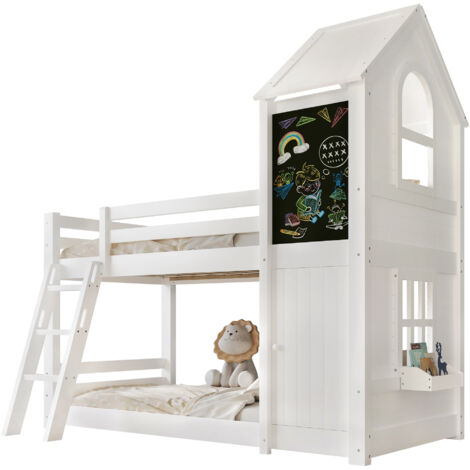 Lit superposé 90x200cm Lit enfant avec porte + tableau intégré + toit décoratif + Échelle 3 marches sécurisée - structure pin  - Blanc