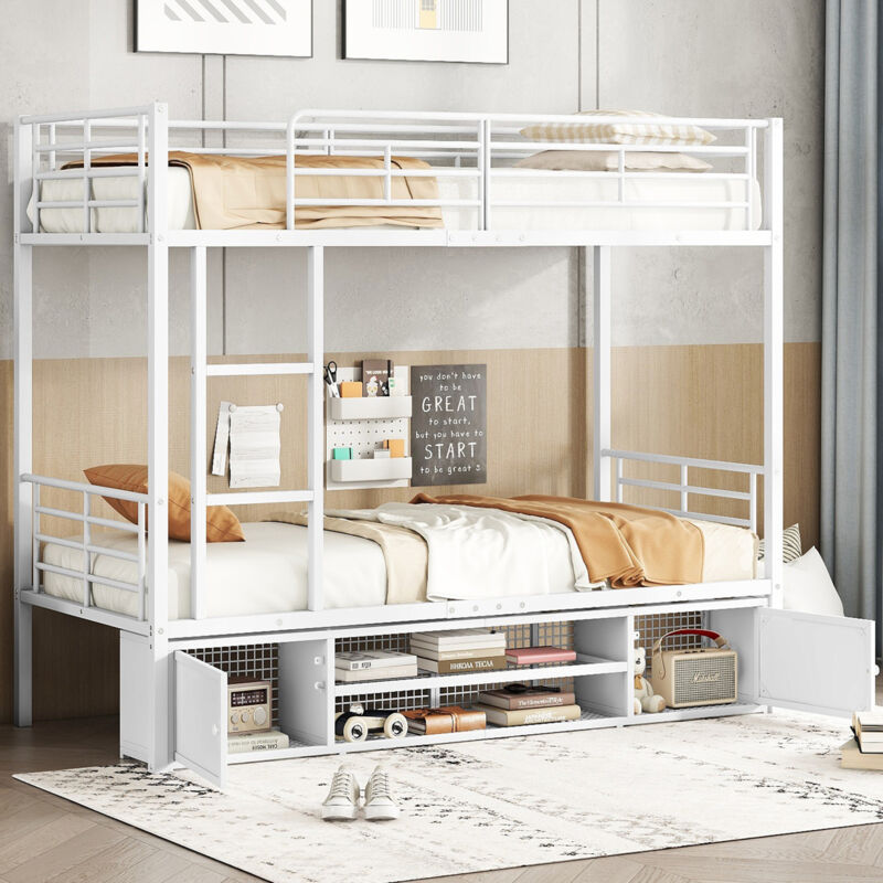 Lit enfant 90x200cm, lit superposé cadre en fer, étagère à chaussures ouverte, 2 petits placards de rangement avec portes, fer, sans matelas, blanc