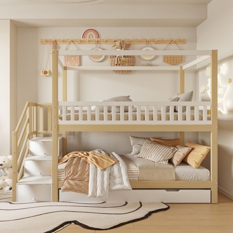 Hauss Spole - Lit superposé 90x200cm, lit enfant avec rangement escalier, forme maison, sans matelas, blanc + naturel, lit gigogne