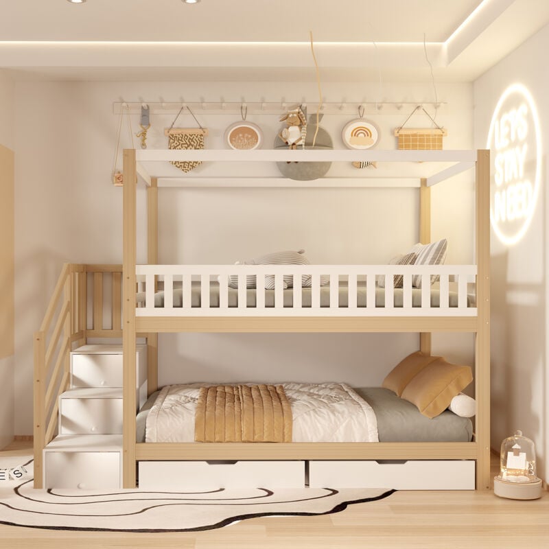 Hauss Spole - Lit superposé 90x200cm, lit enfant avec rangement escalier, forme maison, sans matelas, blanc + naturel, 2 tiroirs