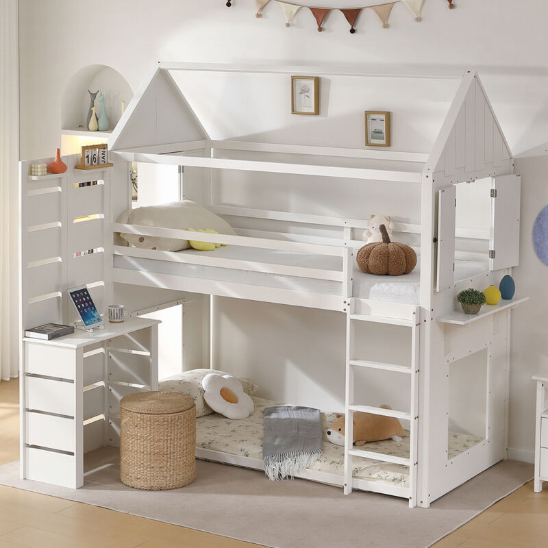 Lit superposé 90x200cm, lit enfant avec table, lit cabane, forme maison, 2 fenêtres, sans matelas, pin + mdf, blanc