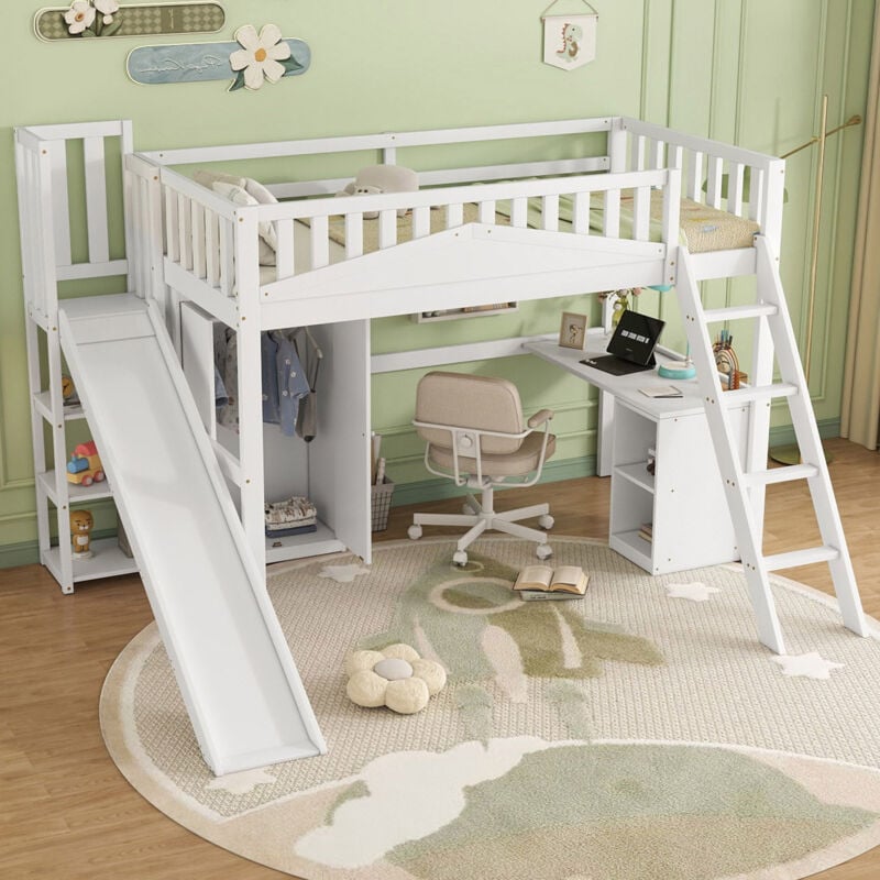 Lit superposé 90x200cm, lit enfant avec toboggan + bureau + armoire, étagère de rangement, pin + MDF, sans matelas, blanc