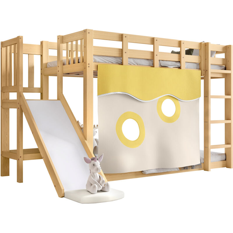 Lit superposé 90x200cm Lit enfant avec toboggan + rideau + échelle sécurisée avec garde-corps intégral - Structure pin et MDF - naturelle