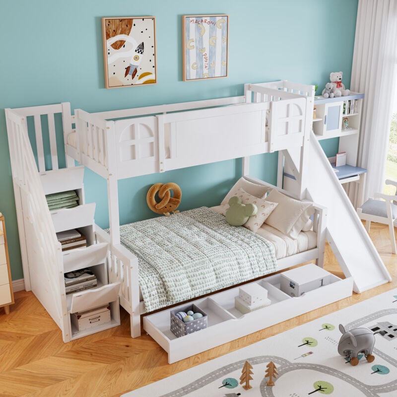 Hauss Spole - Lit superposé 90x200cm, lit enfant avec toboggan, tiroirs rangement, avec 4 casiers dans l'escalier, pin + mdf, blanc, sans matelas