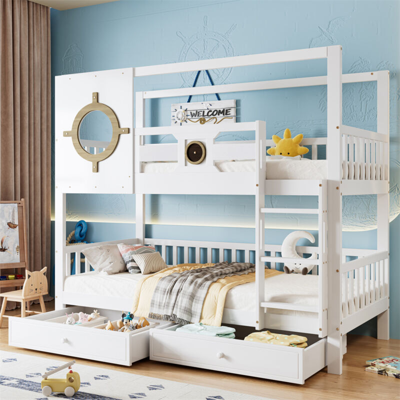 Lit superposé 90x200cm - lit enfant avec toit et fenêtre, grille, 2 tiroirs à roulettes, échelles - pin+MDF, blanc+naturel