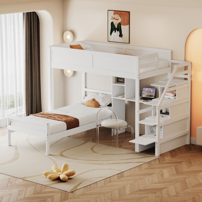 Hauss Spole - Lit superposé 90x200cm, lit enfant, bureau deux en un et compartiment de rangement, rangement escaliers, bois, blanc