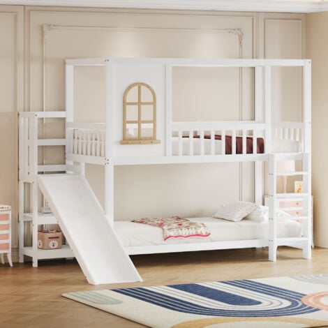 FORTUNA LAI Lit superposé 90x200cm - lit enfant en bois massif - forme maison avec fenêtre, toboggan et échelle de rangement - Blanc