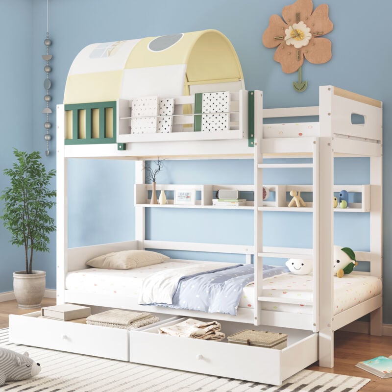 Hauss Spole - Lit superposé 90x200cm, lit enfant, lit cabane, 2 tiroirs, avec escalier, antichute, pin+MDF, blanc