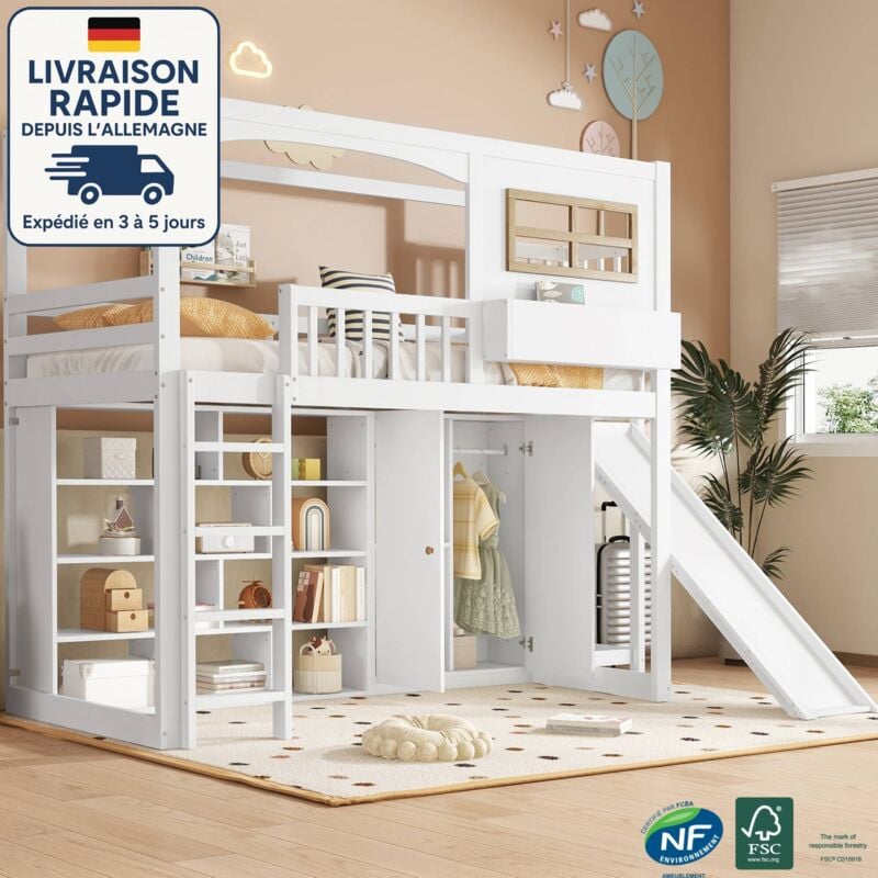 Modfu - Lit superposé 90x200cm, lit mezzanine simple pour enfant avec toboggan, armoire, étagère, mdf + contreplaqué + pin, sans matelas, blanc
